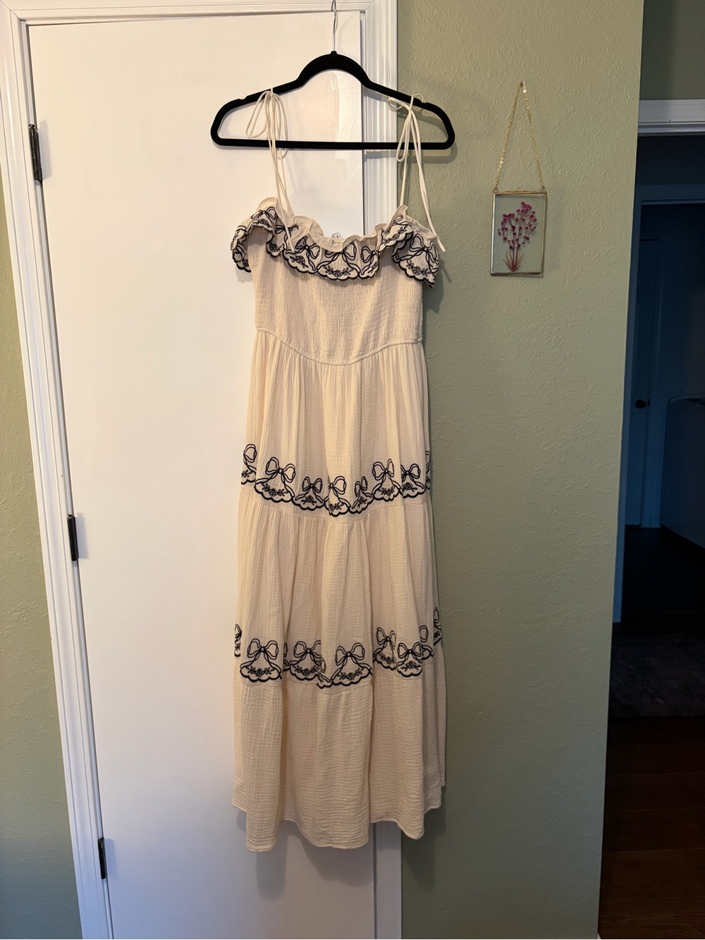 Cream Maxi Dress with Black Embroidered Ruffle Accents